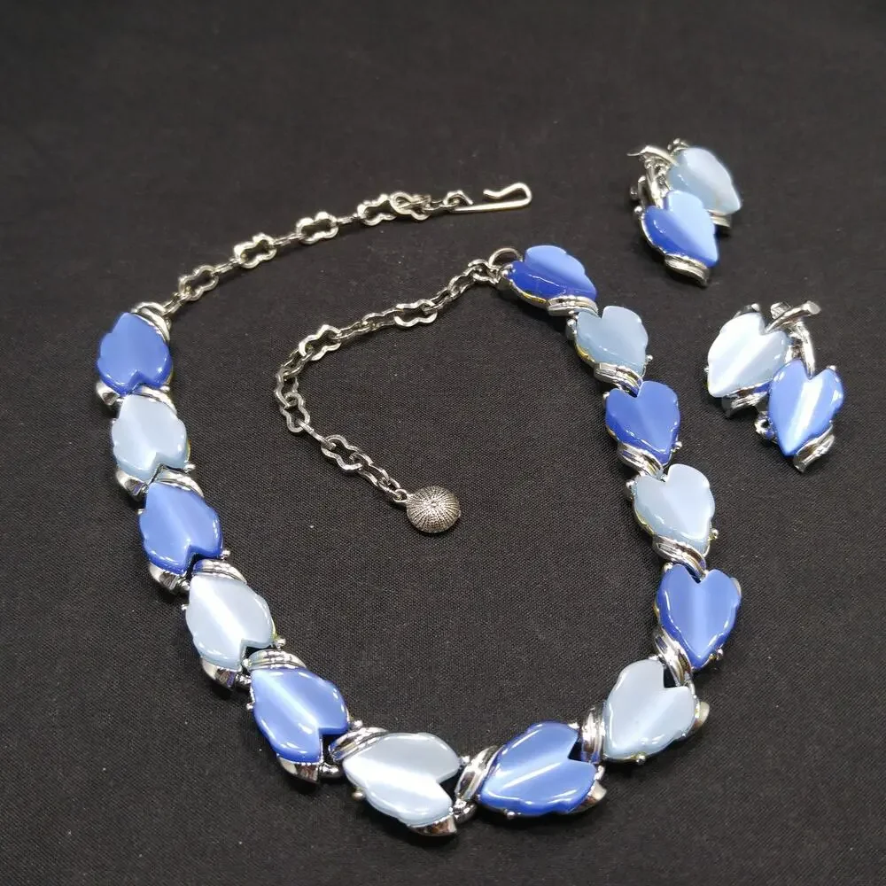 1960s Blue Lucite Leaf Necklace & Clip On Earrings Set Silver Tone Vintage